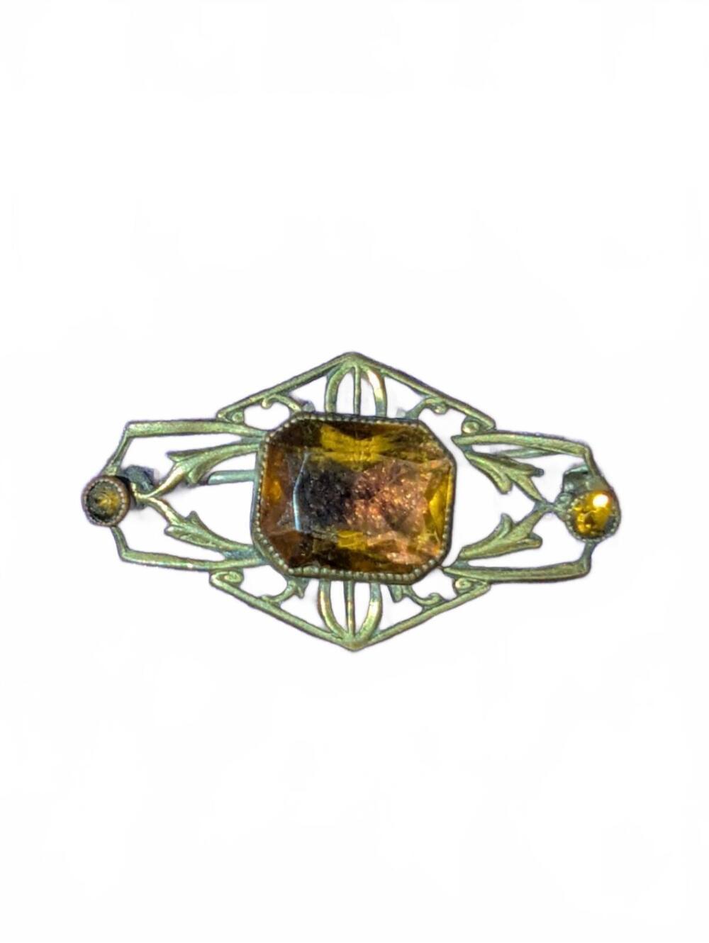 Vintage Art Deco Style Filigree Brooch Pin with Amber-Colored Stone